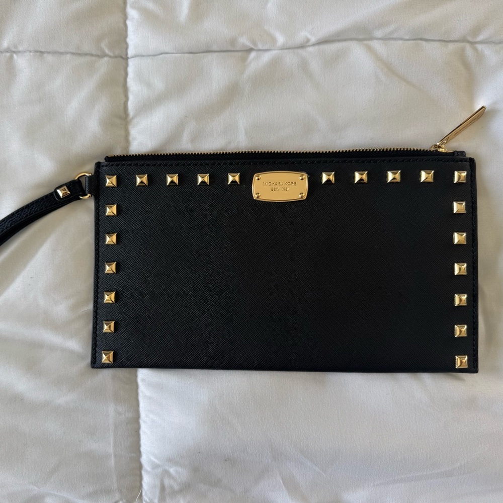 Michael Kors Saffiano Black and Gold Studded Wristlet Clutch